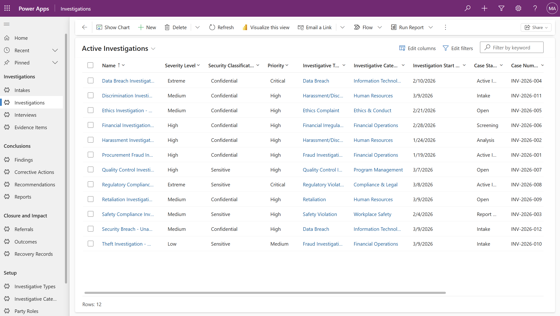 Investigations module screenshot