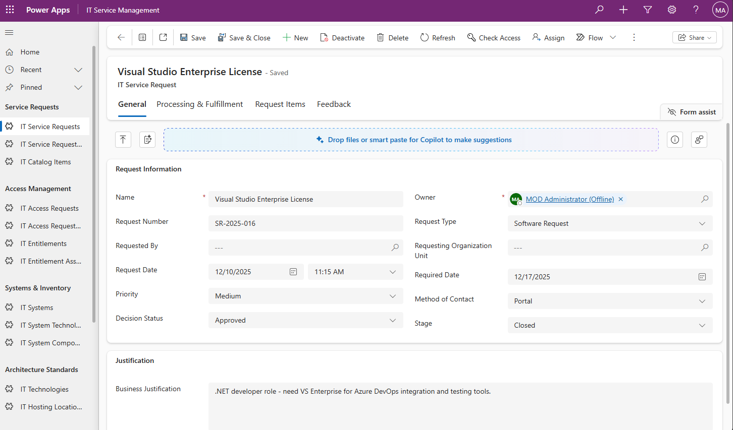 IT Service Management module screenshot