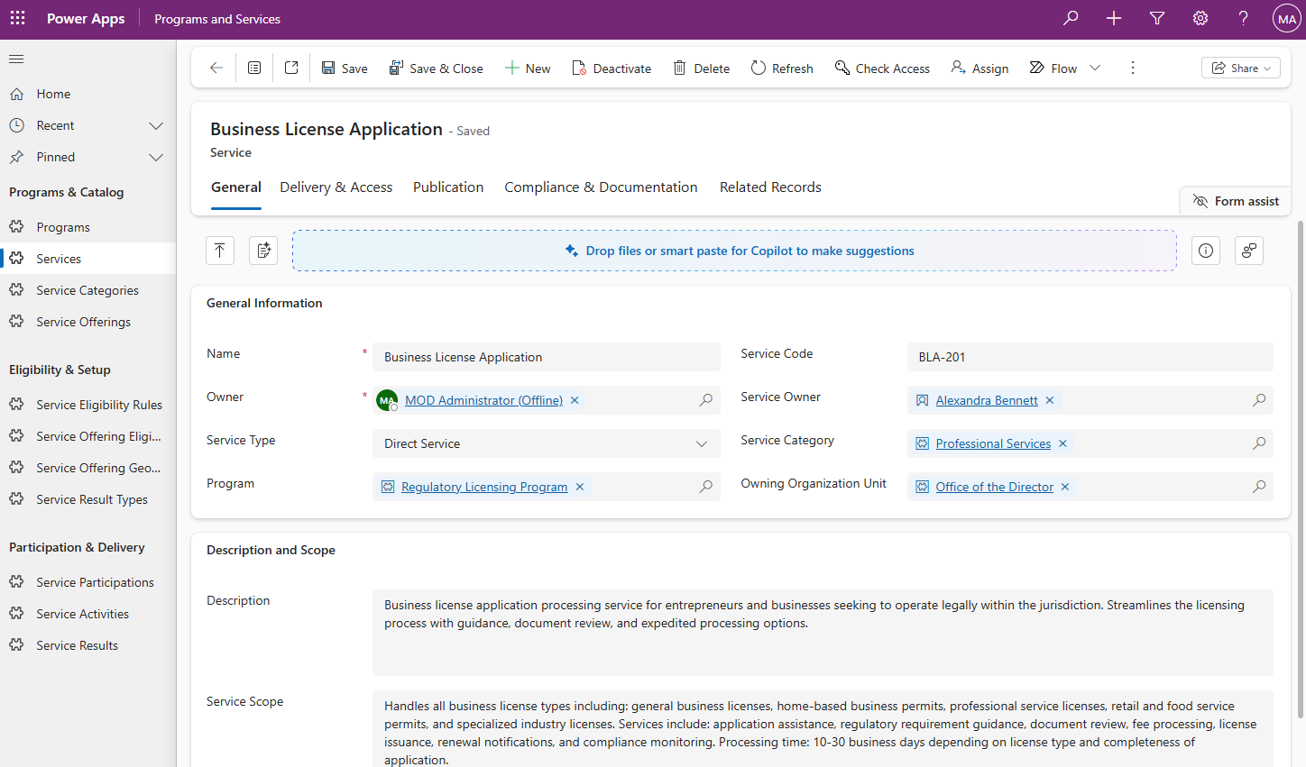 Programs and Services module screenshot