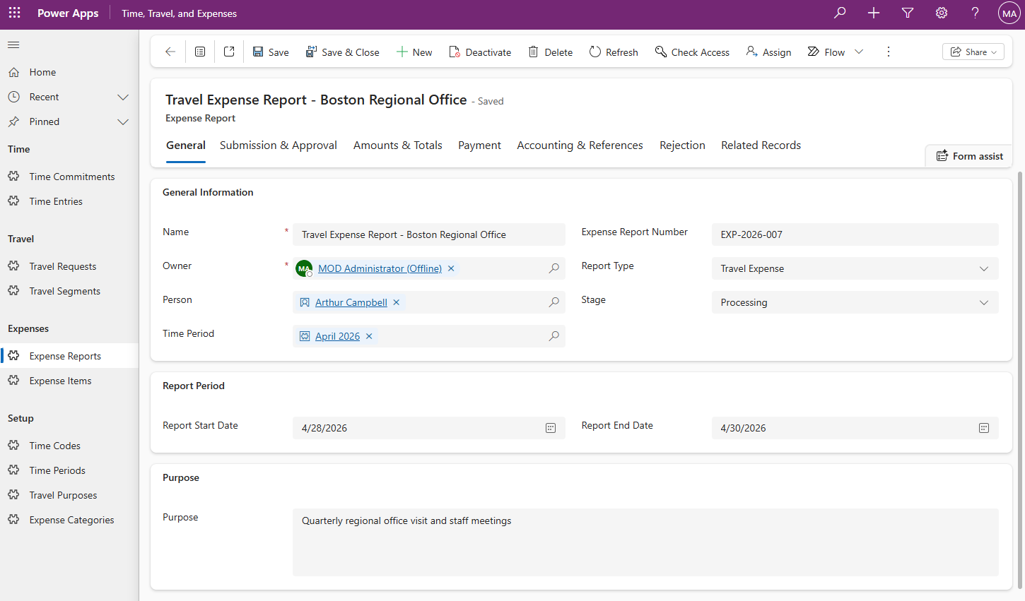 Time, Travel, and Expenses module screenshot