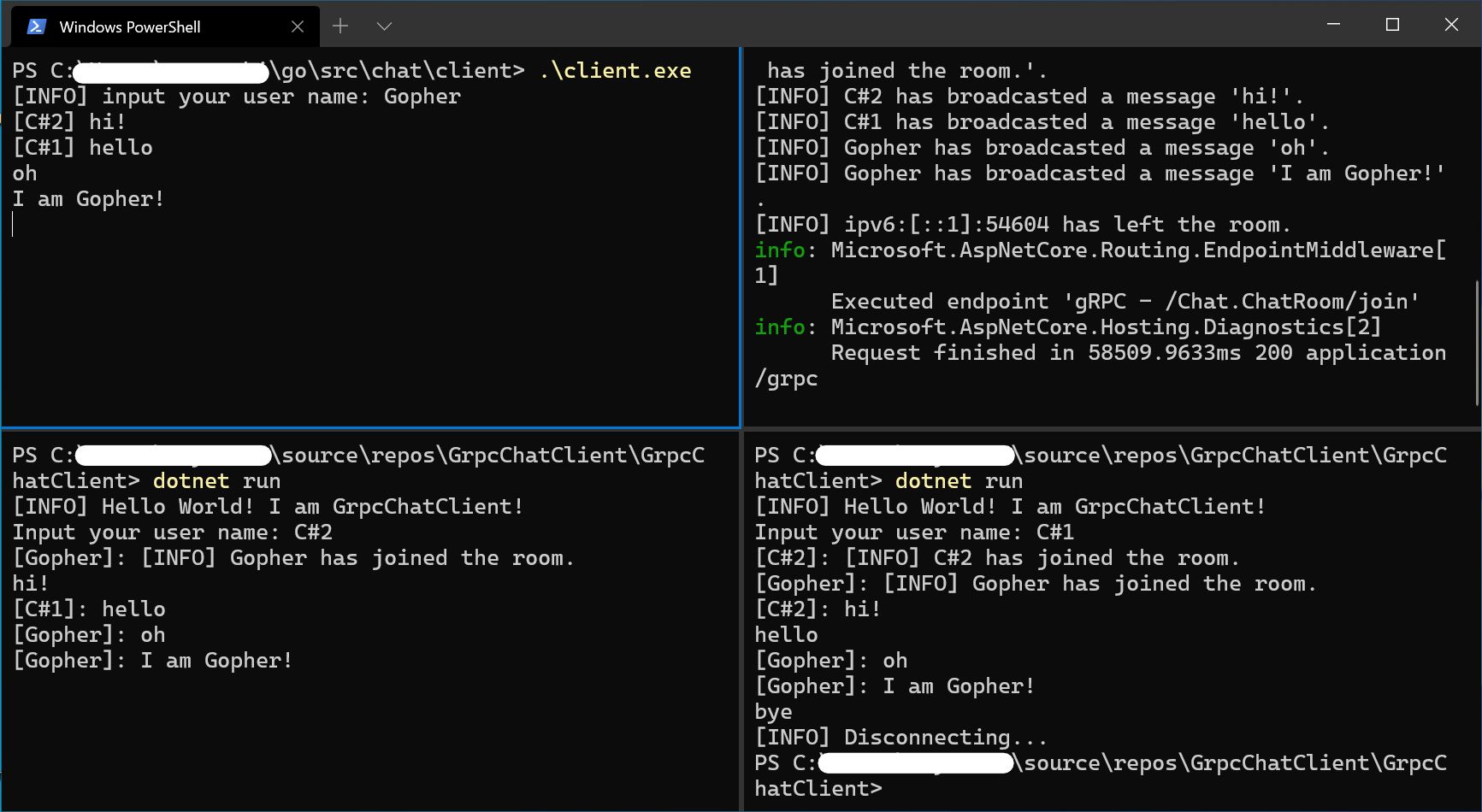 Go 実装クライアントと C# 実装クライアントが C# 実装サーバと通信をしている様子