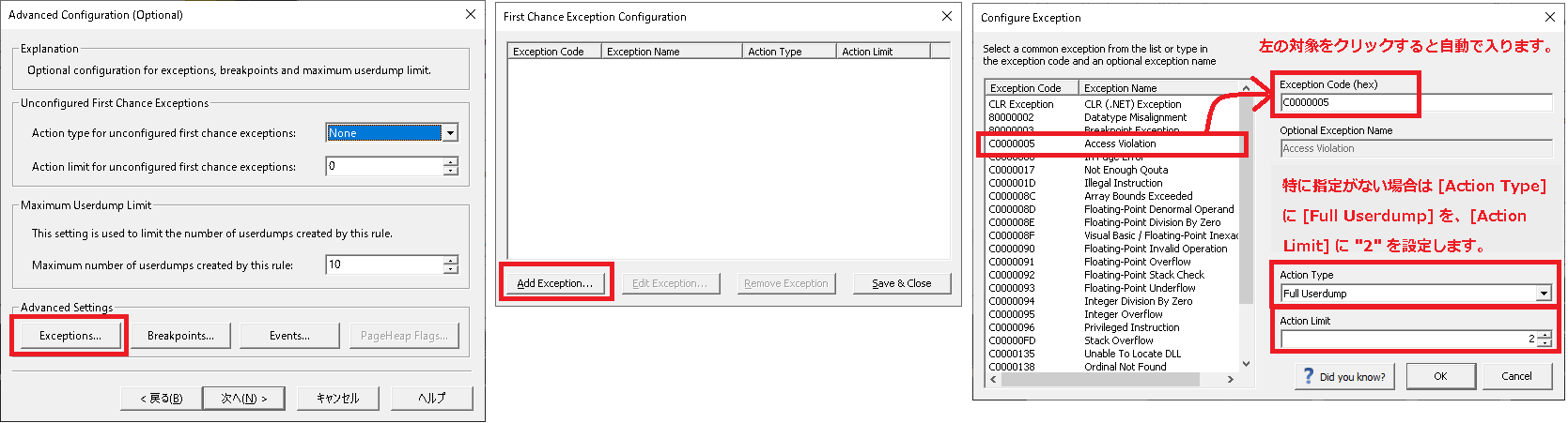 First Chance で Access Violation の設定画面図
