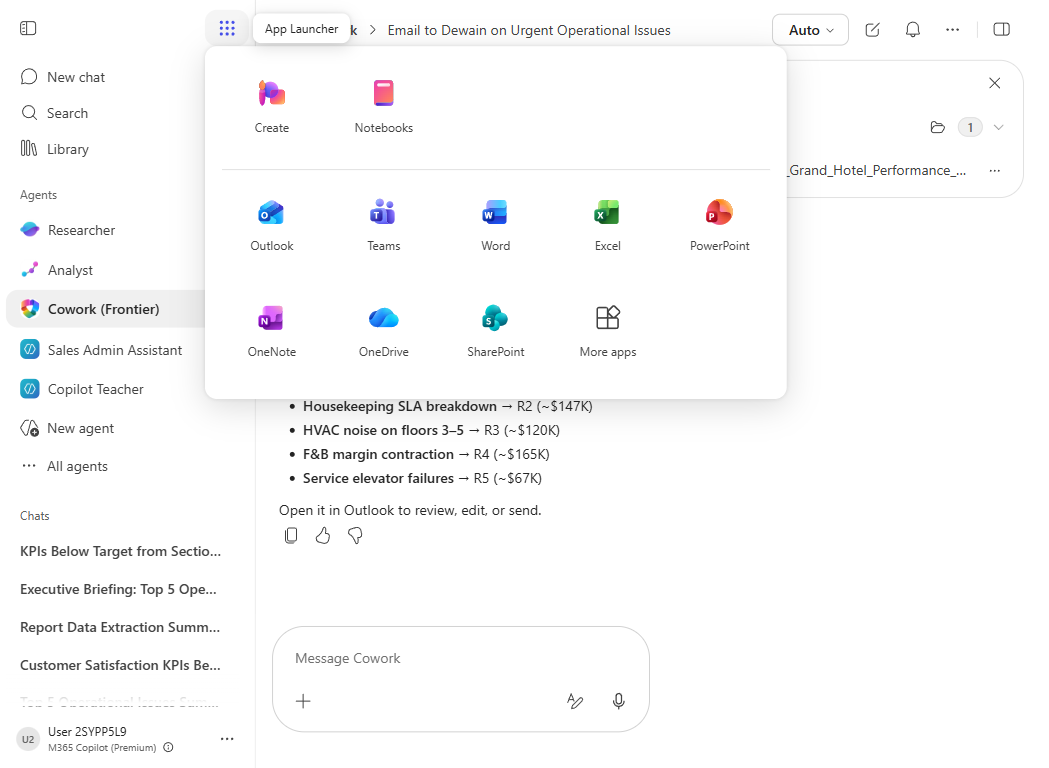 M365 app launcher with Outlook highlighted
