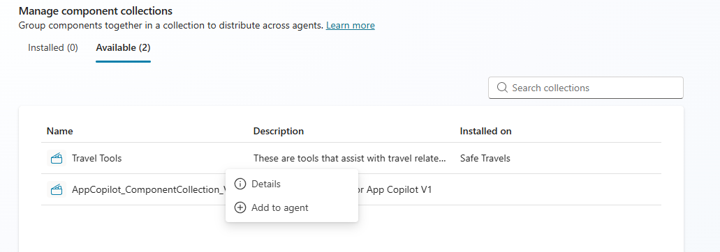 A screenshot showing available component collections as mentioned in the text