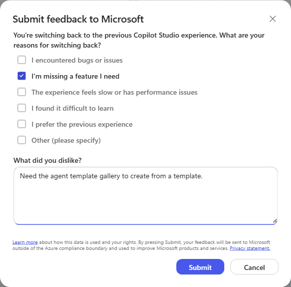 The Submit feedback dialog shown when switching back to the classic experience