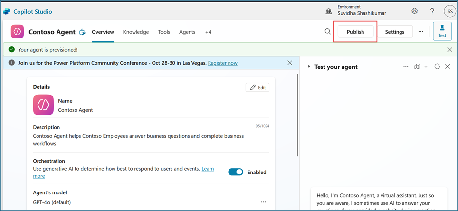 Publish button in Copilot Studio agent overview page