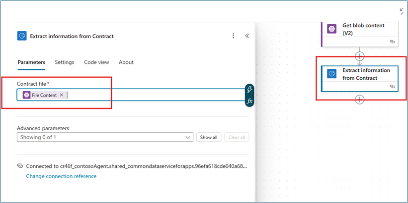 Extract information from Contract action with dynamic content selector showing File Content being mapped to Contract file field