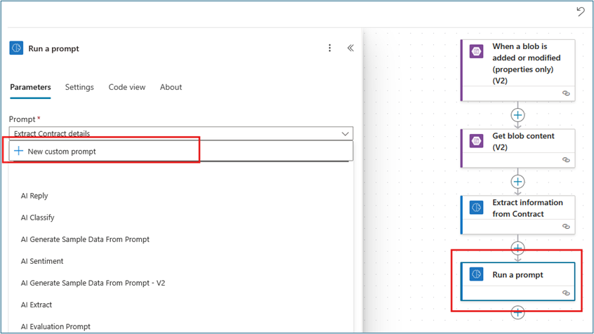 Run a prompt action configuration with Prompt dropdown expanded showing New custom prompt option