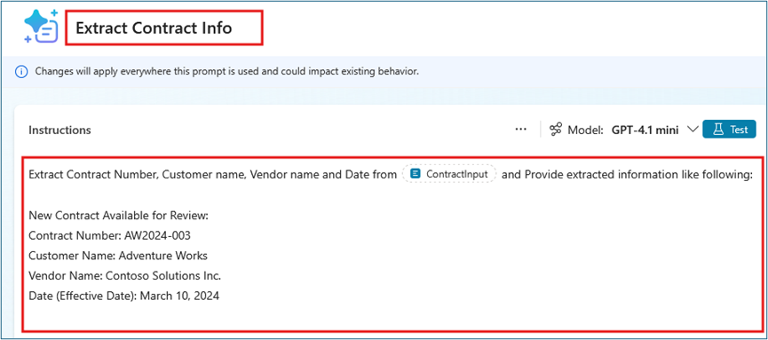 Custom prompt builder showing Extract Contract Info prompt name and instructions with ContractInput parameter