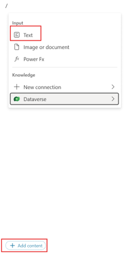 Add Content dialog showing Text input type selection for creating ContractInput parameter
