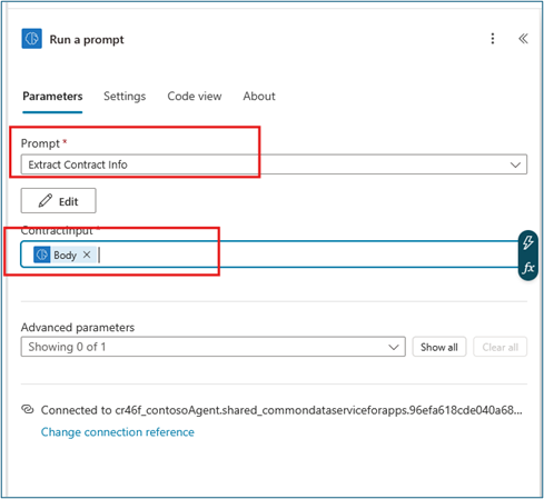 Run a prompt action showing Extract Contract Info prompt selected with Body dynamic content mapped to ContractInput field