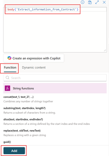 Expression editor dialog with body expression for Extract_information_from_Contract action