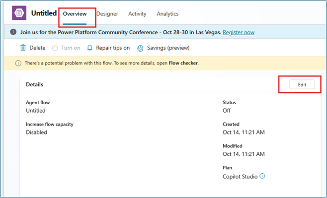 Flow overview tab showing edit button for renaming the flow