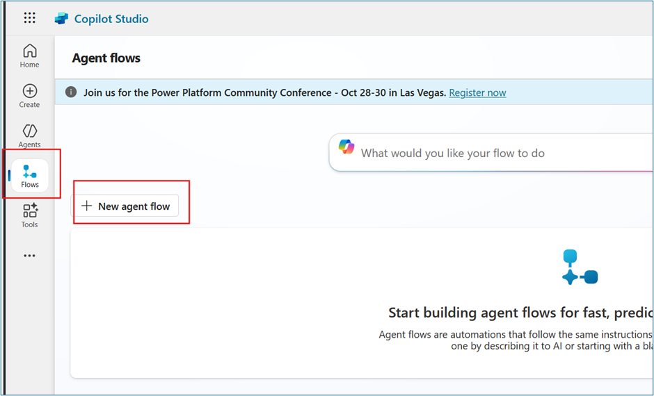 Flows tab with New agent flow button highlighted