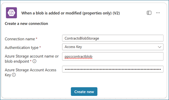 Azure Blob Storage connection configuration dialog with connection name, authentication type, and account credentials