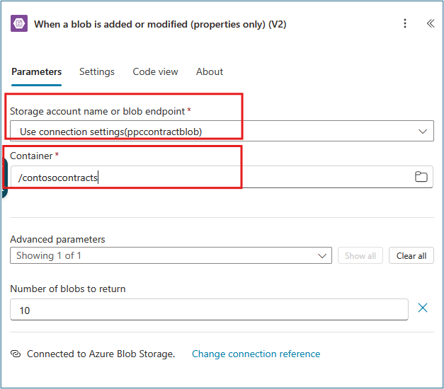 Blob trigger configuration showing storage account name dropdown selection