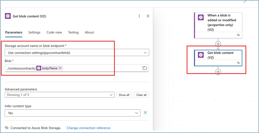Get Blob Content configuration with storage account dropdown and Blob field showing dynamic content path