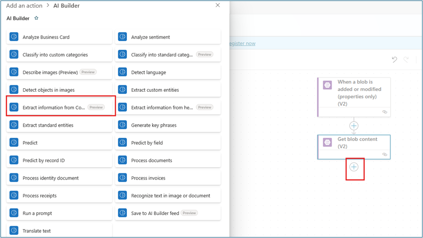 Flow designer showing Add an action with Extract information from Contract AI Builder action