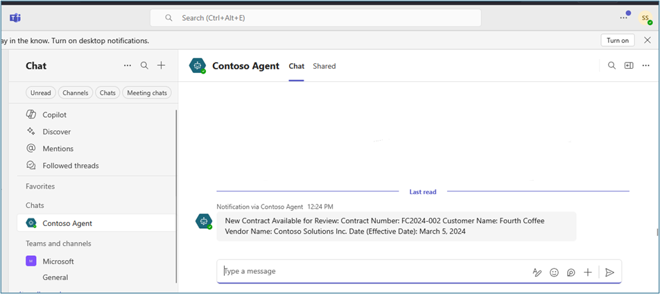 Teams chat showing proactive notification from Contoso Agent with extracted contract details including contract number, customer name, vendor, and effective date