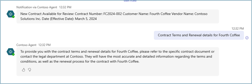 Teams chat showing follow-up question about contract with agent unable to provide detailed answer without knowledge source