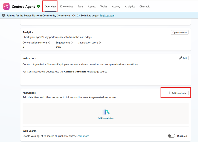 Copilot Studio agent overview page with Add Knowledge button highlighted