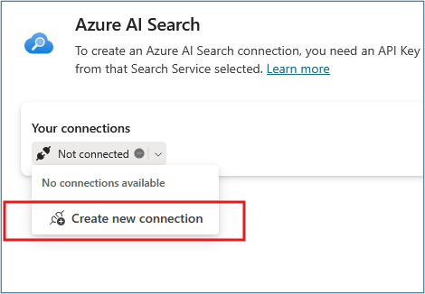 Azure AI Search connection dialog with Your connections tab and Create new connection option