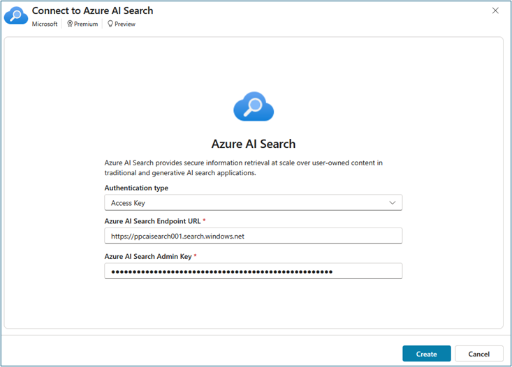 Azure AI Search connection configuration with Endpoint URL and Admin Key fields