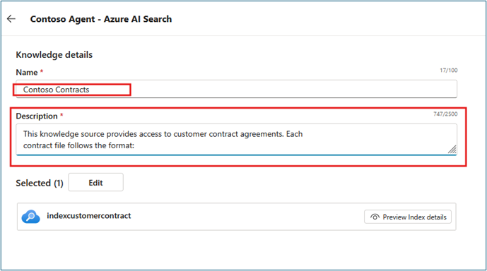 Knowledge source configuration editor showing Name as Contoso Contracts and detailed Description of contract content