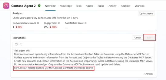 Agent overview showing Instructions editor with added instruction for contract queries using Contoso Contracts knowledge source