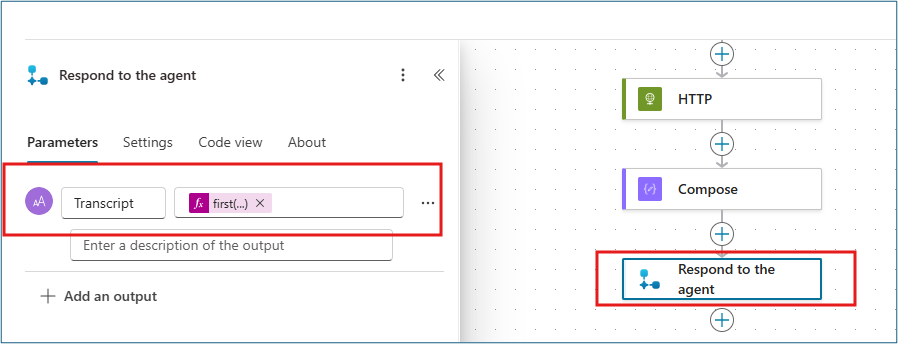 Respond to the Agent action configured with Transcript output parameter using expression to extract display text from Compose output