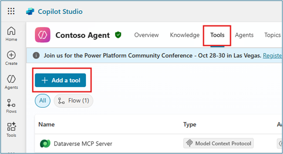 Copilot Studio agent Tools tab with Add a tool button highlighted