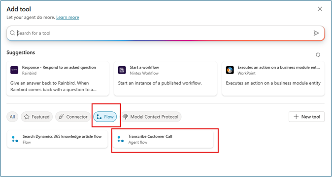 Add tool dialog with Flow filter selected showing Transcribe Customer Call flow and Add to agent button