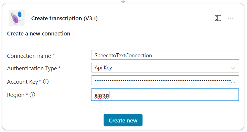 Azure Speech Service connection configuration with connection name, API Key authentication, account key, and region fields