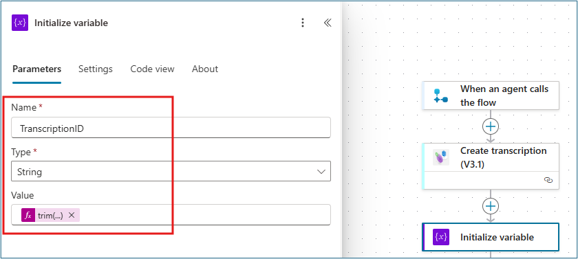 Initialize variable action configured with TranscriptionID name, String type, and expression to extract transcription ID
