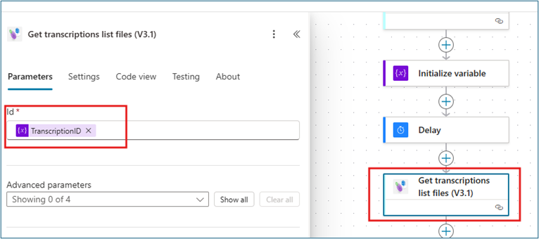 Get transcriptions list files action with TranscriptionID variable mapped from previous Initialize variable step