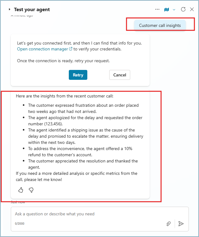 Agent test pane showing user query for customer call insights with transcription response containing full audio transcription text
