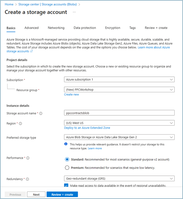 Azure storage account creation form with subscription, resource group, storage account name, and region fields