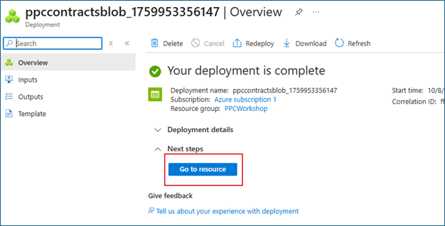 Azure deployment completion screen with Go to resource button