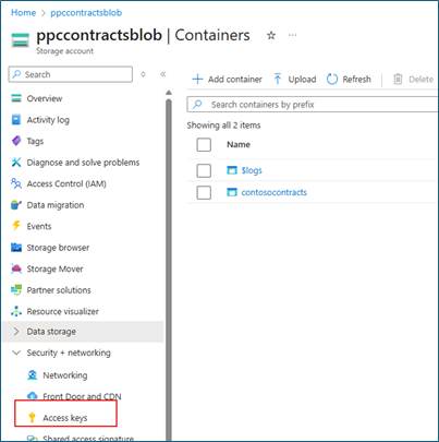 Storage account navigation menu showing Access keys option under security + networking section