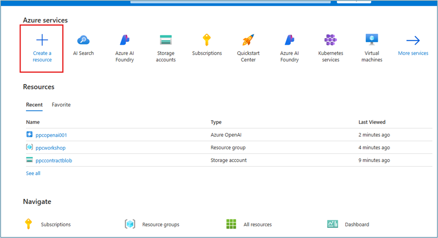 Azure Portal home screen with Create a resource button