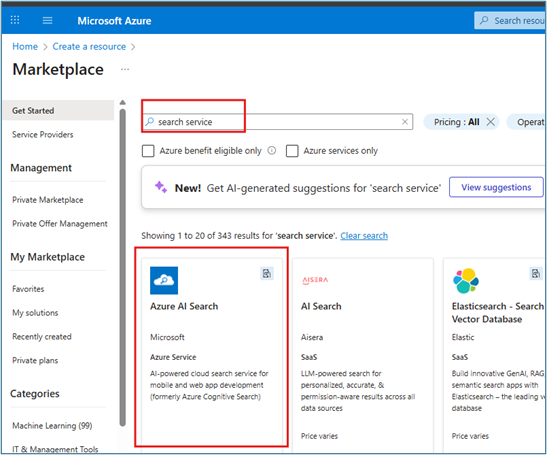 Azure Marketplace showing Azure AI Search in search results