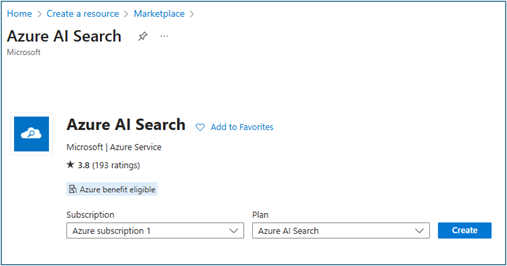 Azure AI Search resource overview page with Create button