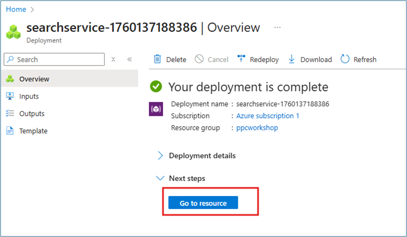 Azure AI Search deployment completion screen with Go to resource button