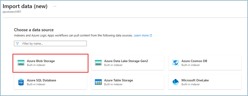 Data source selection dialog showing Azure blob storage option for import