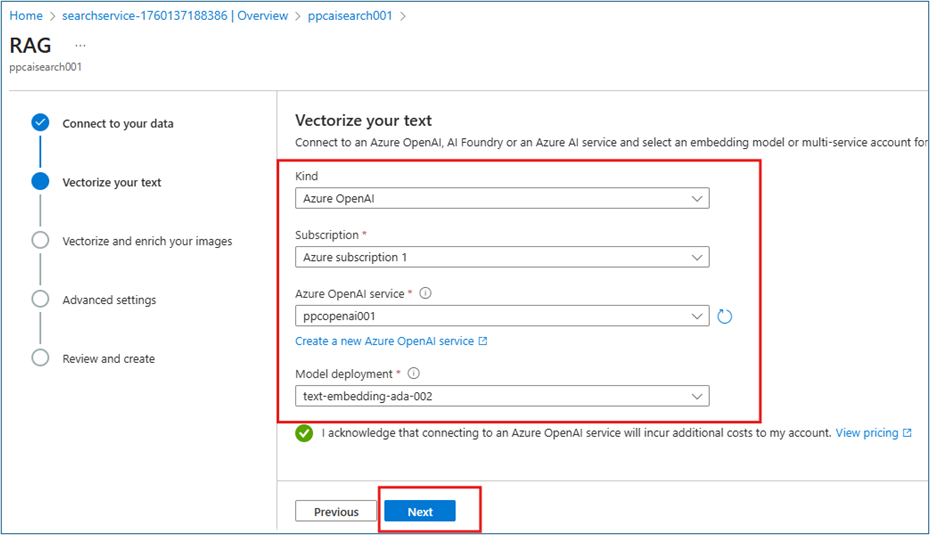 Vectorization configuration showing Azure OpenAI embedding model selection and vectorization settings