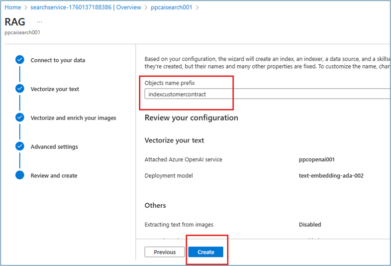 Final import wizard step showing index name configuration and summary of all settings with Create button