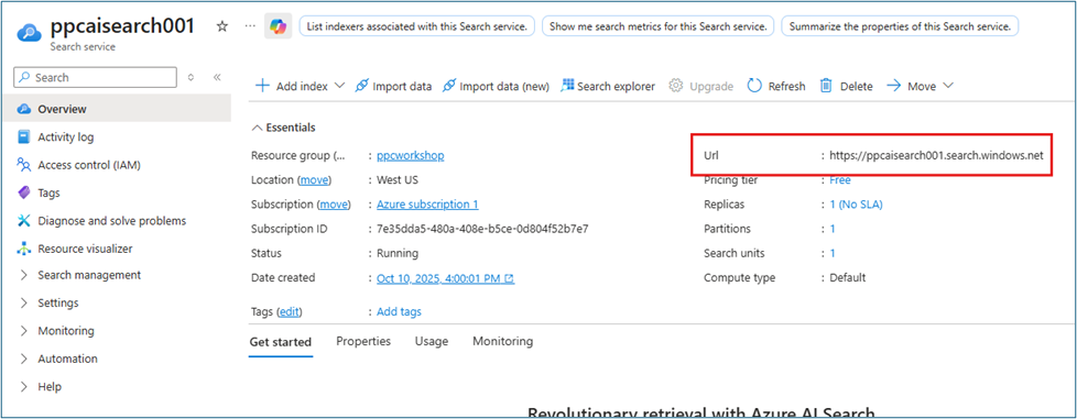 Azure AI Search overview page showing the service URL endpoint with copy button