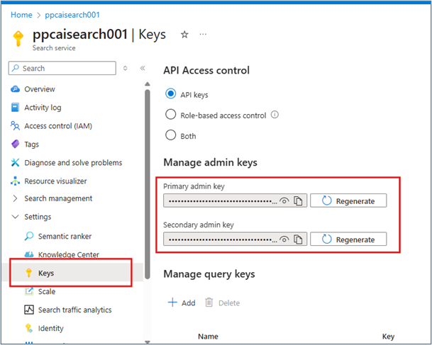 Azure AI Search Keys page under settings showing admin keys with copy buttons for authentication
