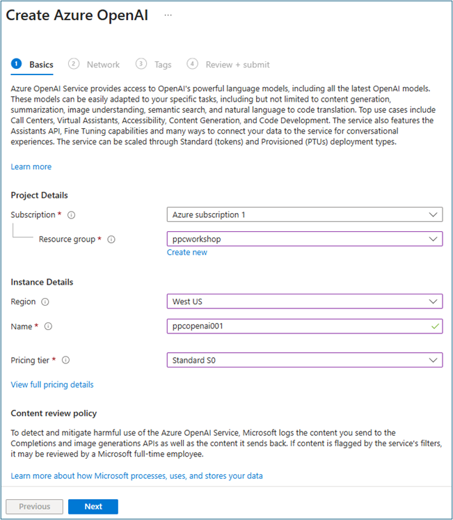 Azure OpenAI creation form with subscription, resource group, region, name, and pricing tier fields