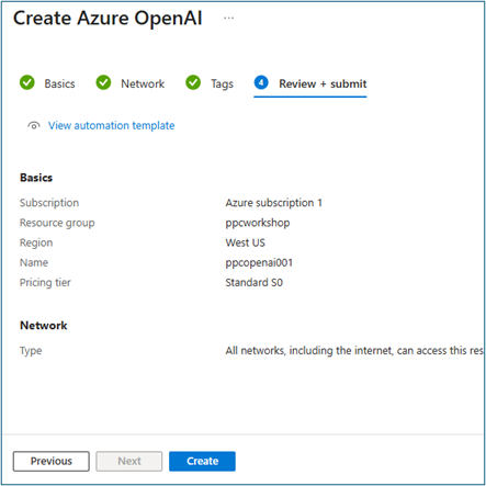 Azure OpenAI creation review page showing all configured values with Create button